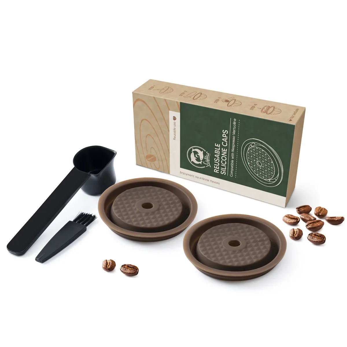 Reusable Coffee Capsule Body with 100Pcs Aluminum Foil Seals and Beech Wood Powder Tamper for Espresso Machines