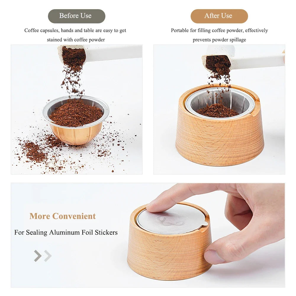 Reusable Coffee Capsule Body with 100Pcs Aluminum Foil Seals and Beech Wood Powder Tamper for Espresso Machines