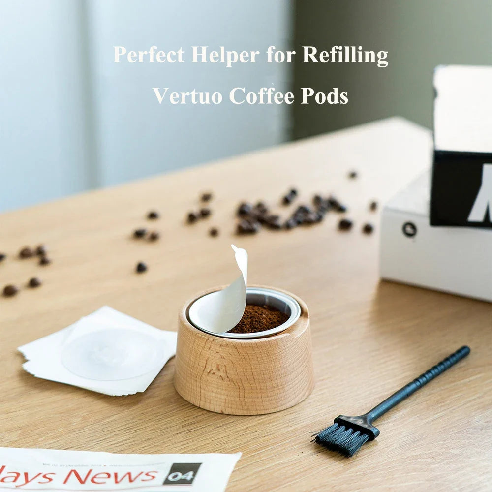 Reusable Coffee Capsule Body with 100Pcs Aluminum Foil Seals and Beech Wood Powder Tamper for Espresso Machines