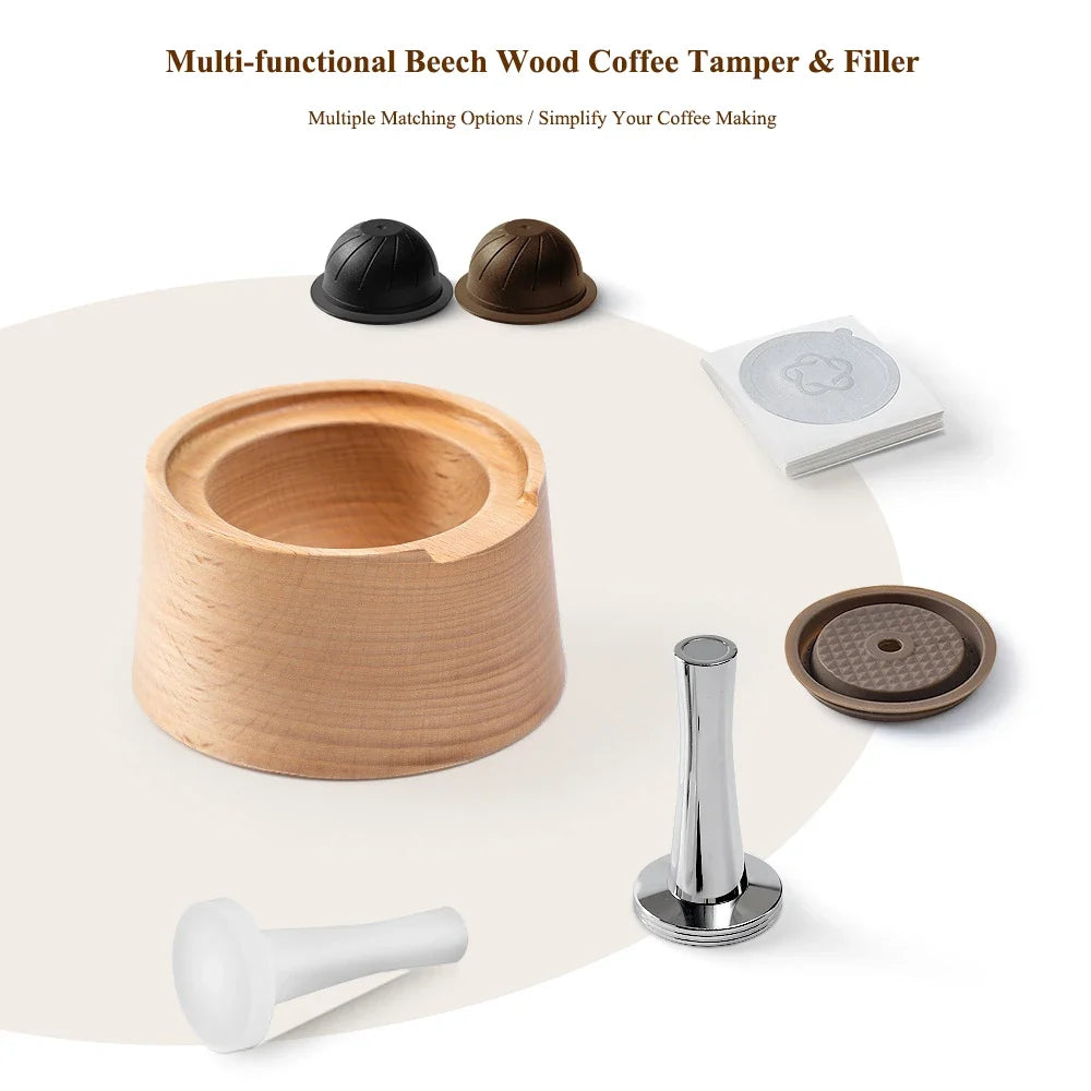 Reusable Coffee Capsule Body with 100Pcs Aluminum Foil Seals and Beech Wood Powder Tamper for Espresso Machines