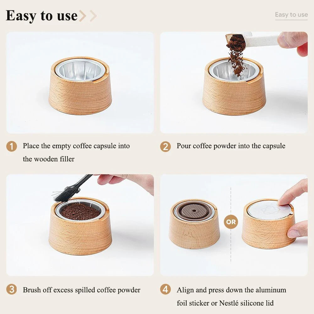 Reusable Coffee Capsule Body with 100Pcs Aluminum Foil Seals and Beech Wood Powder Tamper for Espresso Machines