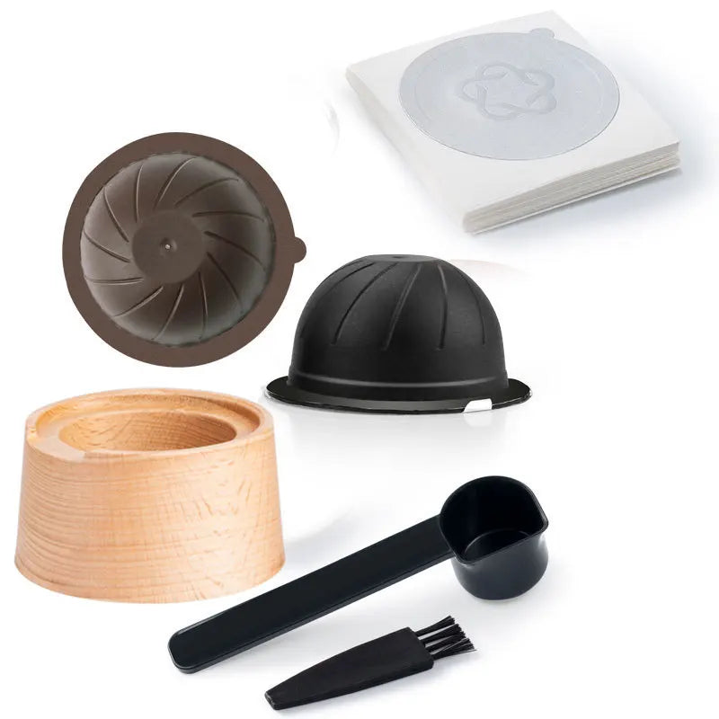 Reusable Coffee Capsule Body with 100Pcs Aluminum Foil Seals and Beech Wood Powder Tamper for Espresso Machines