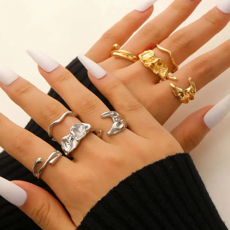 4Pcs/Set Vintage Gold Color Irregular Moon Rings for Women Men Punk Geometric Metal Adjustable Opening Rings Set Jewelry Gifts