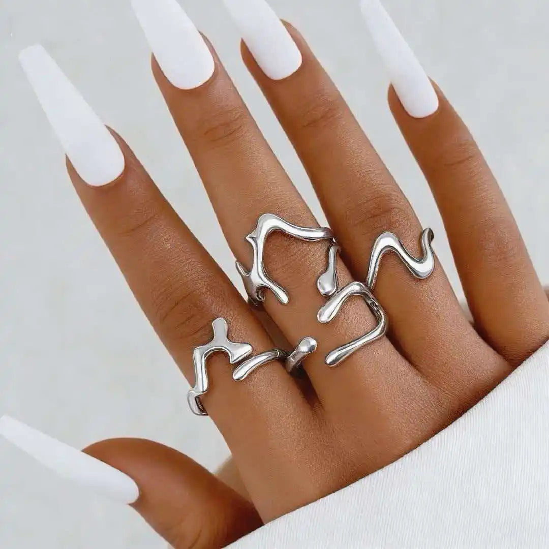 4Pcs/Set Vintage Gold Color Irregular Moon Rings for Women Men Punk Geometric Metal Adjustable Opening Rings Set Jewelry Gifts